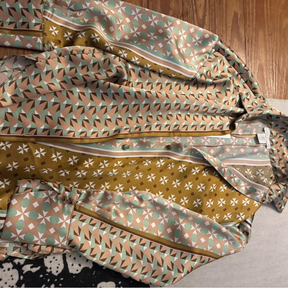 House of Harlow 1960 Geometric Button Down Shirt - Gold, Mint, Pink